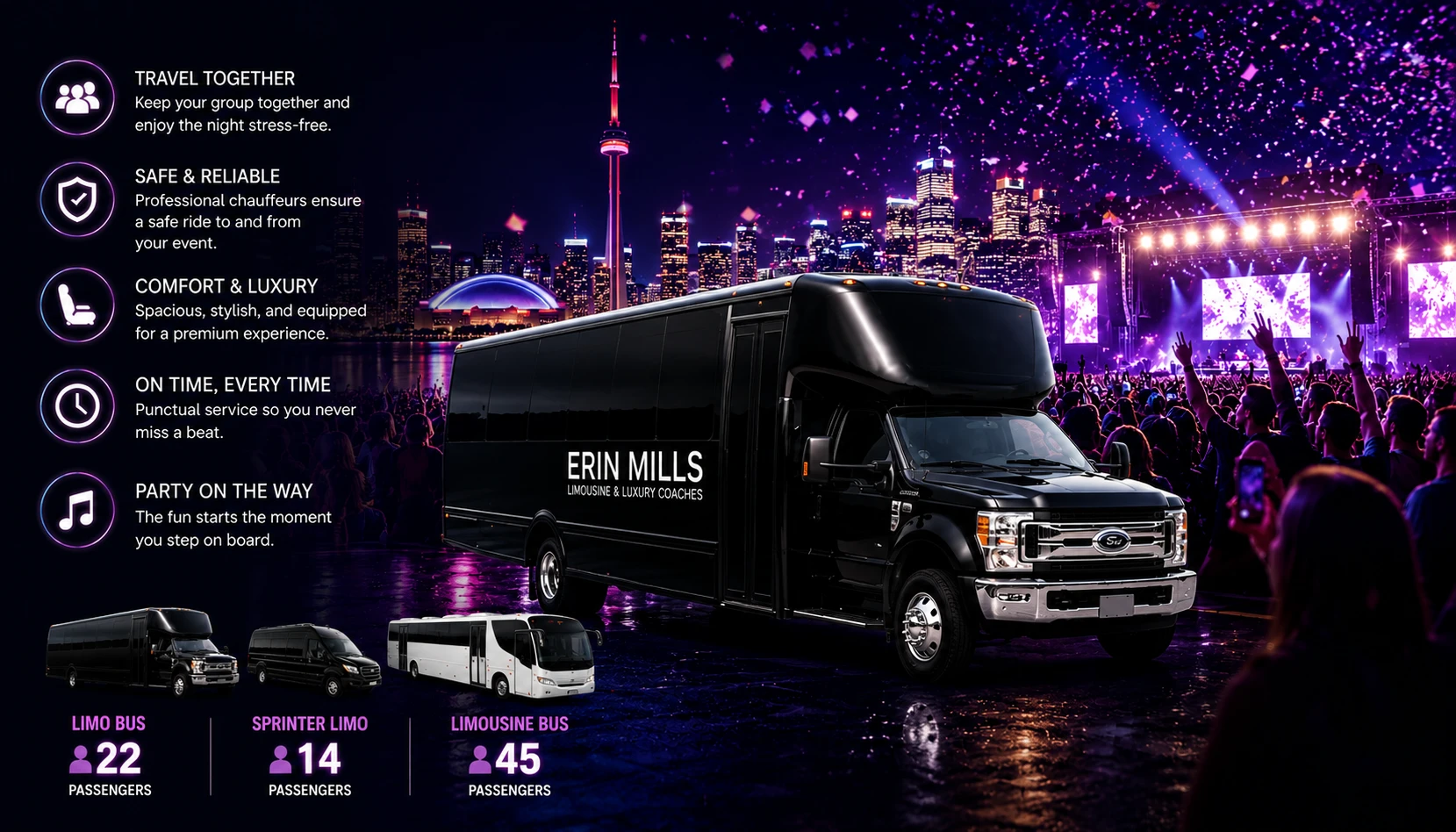 Luxury bus interior prepared for event transport