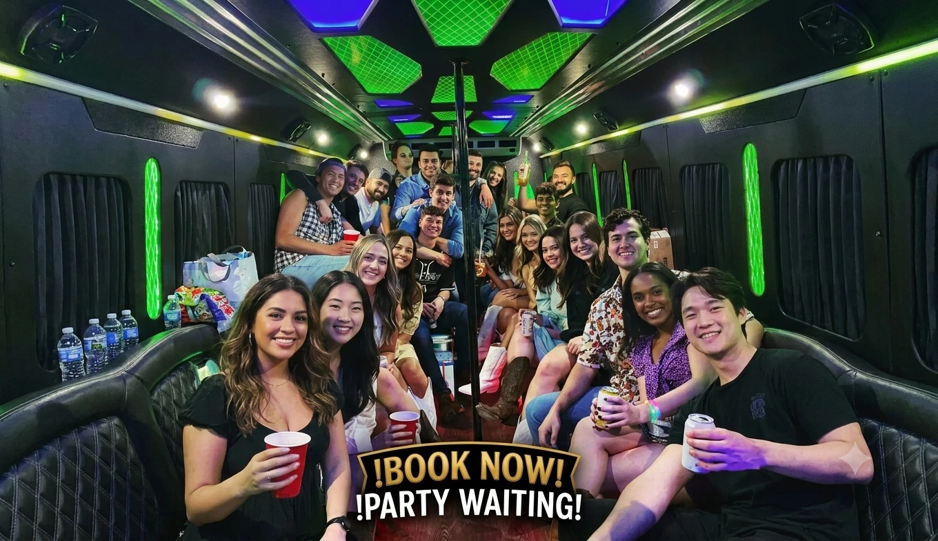 Passengers celebrating inside a festival charter bus