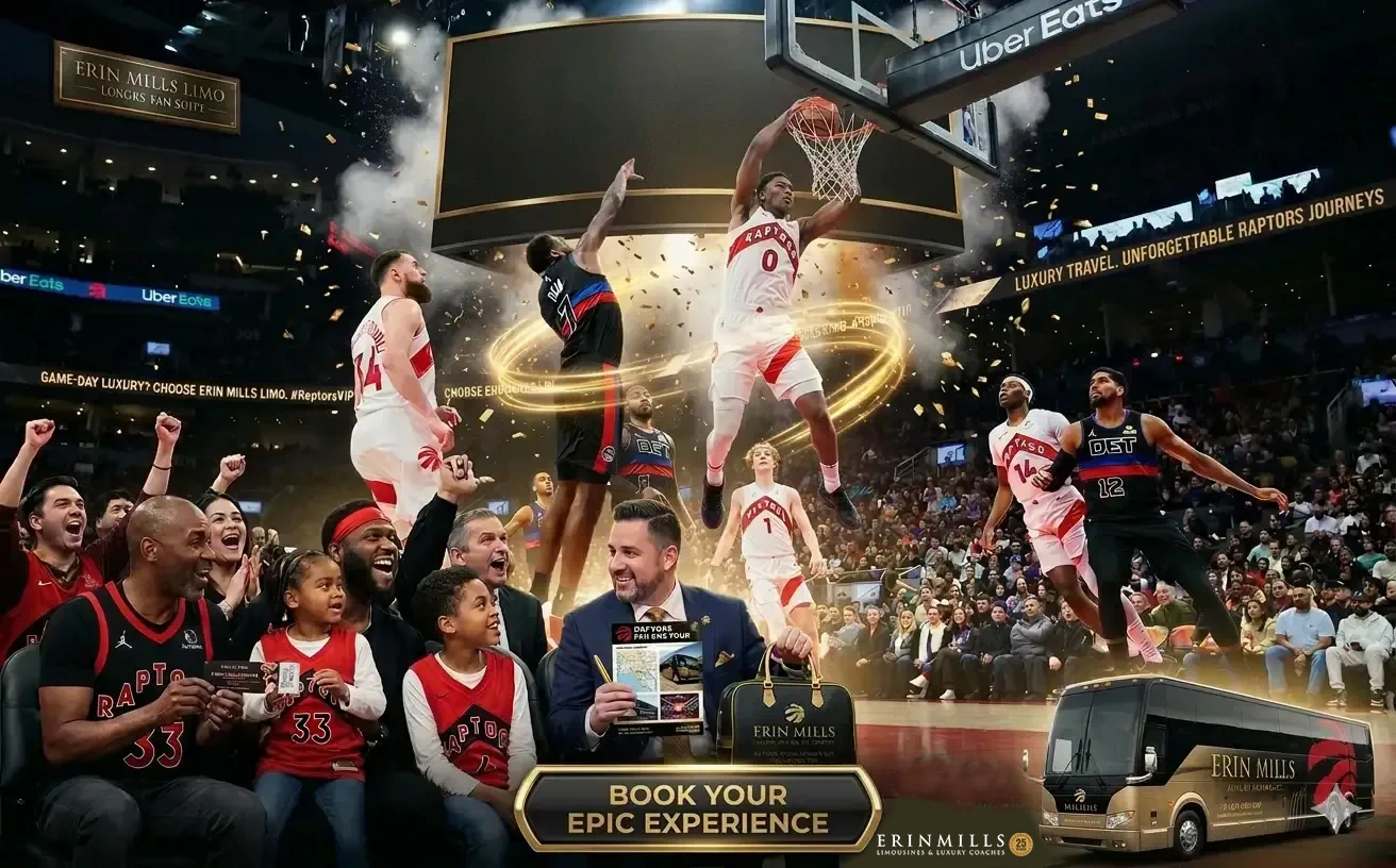 Luxury party bus transportation to Toronto Raptors games at Scotiabank Arena